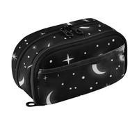 RPLIFE Estuche para lápices de gran capacidad para adolescentes y niñas, diseño de luna blanca, estrellas negras, organizador de papelería con bolsillo de PVC transparente