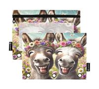 RPLIFE Estuche para lápices para carpeta de 3 anillas, paquete de 2 bolsas con cremallera con ventana transparente, suministros de regreso a clases, 9.8 x 7 pulgadas, lindos burros riendo