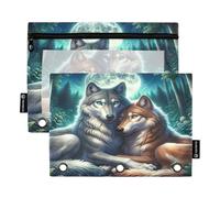 RPLIFE Estuche para lápices para carpeta de 3 anillas, paquete de 2 estuches con cremallera para lápices con ventana transparente, suministros de regreso a clases, 9.8 x 7 pulgadas, Wolf Mate