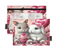 RPLIFE Estuche para lápices para carpeta de 3 anillos, paquete de 2 bolsas con cremallera con ventana transparente, suministros de regreso a clases, 9.8 x 7 pulgadas, bonito cupcake de conejo de San