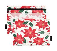 RPLIFE Estuche para lápices para carpeta de 3 anillos, paquete de 2, estuche plano suave con cremallera, artículos esenciales para el regreso a clases, 9.8 x 7 pulgadas, hojas de acebo de Pascua