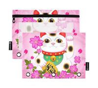 RPLIFE Estuche para lápices para carpeta de 3 anillos, paquete de 2, estuche suave con cremallera con ojales, artículos esenciales para el regreso a clases, 9.8 x 7 pulgadas, lindo rosa Maneki Neko