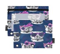 RPLIFE Gafas de sol con diseño de gatos, color azul oscuro, bolsa con cremallera de tres agujeros con ventana transparente, paquete de 2 estuches para lápices, suministros escolares para niños, 9.8 x