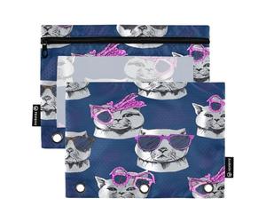 RPLIFE Gafas de sol con diseño de gatos, color azul oscuro, bolsa con cremallera de tres agujeros con ventana transparente, paquete de 2 estuches para lápices, suministros escolares para niños, 9.8 x