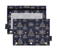 RPLIFE Golden Christmas Trees - Carpeta de 3 anillos con ventana transparente, paquete de 2 bolsas con cremallera para lápices, suministros escolares para niños, 9.8 x 7 pulgadas (tamaño único x 2)