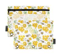 RPLIFE Honeycombs Bees Bright - Paquete de 2 soportes para lápices de 3 agujeros para niños, escuela, bolsa transparente con cremallera para niños y niñas, 9.8 x 7 pulgadas