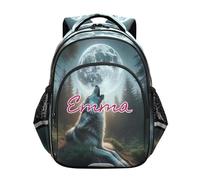 RPLIFE Howling Wolf Moon - Mochila escolar para niños y niñas, con nombre personalizado, mochila primaria para niños de 6 a 12 años, Luna de lobo aullando, 17 Inch, Mochilas Tradicionales