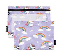 RPLIFE Lindas melenas de colores arcoíris de unicornios, paquete de 2 estuches para lápices de 3 anillos para la escuela de niños, estuche transparente de PVC para niños y niñas, 9.8 x 7 pulgadas