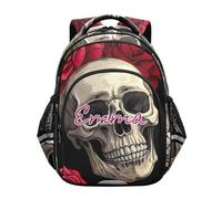 RPLIFE Mochila escolar personalizada con calaveras rojas vintage rosas negras para niños y niñas, mochila de primaria, Skulls Red Vintage Roses Black, 17 Inch, Mochilas Tradicionales