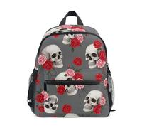 RPLIFE Mochila infantil para niñas y niños, con diseño de calaveras y flores, color gris, con etiqueta de nombre, bolsa de viaje, 3-8 años, Skulls Floral Gray, S, Lindas mochilas