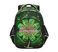 RPLIFE Mochila infantil para niñas y niños con nombre personalizado, trébol verde, mochila elegante dorada para niños, escuela primaria, Green Clover Golden Chic, 15 Inch, Mochilas Tradicionales