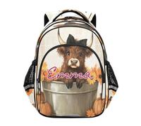 RPLIFE Mochila infantil para niñas y niños con nombre personalizado, vaca de las tierras altas de otoño, calabaza, mochila para niños, escuela primaria, Autumn Highland Cow Pumpkin, 15 Inch, Mochilas