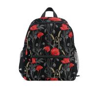 RPLIFE Mochila negra con diseño de amapola para niños y niñas, pequeña con etiqueta de nombre, mochila escolar para niños, 3-8 años