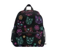 RPLIFE Mochila negra con diseño de gatos neón y calaveras y estrellas para niños pequeños, mochila de viaje con etiqueta de nombre, mochilas para niños pequeños, 3-8 años, Neon Cats Skulls Stars Black