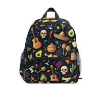 RPLIFE Mochila para niños y niñas, diseño de calaveras de guitarras mexicanas, bolsa de viaje con etiqueta de nombre mini, 3-8 años, Calaveras de guitarra mexicana, M, Lindas mochilas
