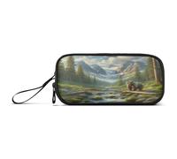 RPLIFE Mountain Stream Bear Scene - Estuche básico para lápices, con cremallera, estuche para lápices con asa