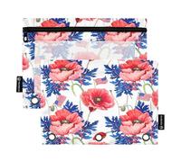 RPLIFE Paquete de 2 bolsas grandes con cremallera para niños, diseño de amapolas rojas, hojas azules, bolsa con cremallera frontal transparente para niños y niñas, 9.8 x 7 pulgadas (tamaño único x 2)