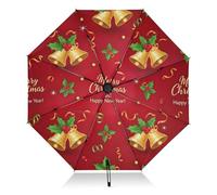 RPLIFE Paraguas de viaje, paraguas automático portátil ligero para mujeres, paraguas de viaje para lluvia, viento y sol, campana dorada roja de Navidad
