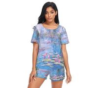 RPLIFE Ropa de dormir para mujer, diseño de nenúfares y sauces de Claude Monet, pijama capri de verano para mujer, Nenúfares y sauces de Claude Monet, M