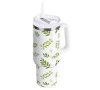 RPLIFE Taza de café de acero inoxidable con diseño de hojas verdes botánicas, taza aislada con pajita, vasos para mujer