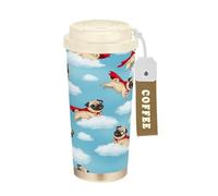 RPLIFE Taza de viaje de café de 16 onzas con popote y tapa de filtro, revestimiento de cerámica aislado al vacío de acero inoxidable, vaso de café a prueba de fugas, caricaturas, cielo azul nublado