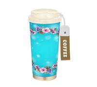 RPLIFE Taza de viaje de café de 16 onzas con popote y tapa de filtro, revestimiento de cerámica aislado al vacío de acero inoxidable, vaso de café a prueba de fugas, corona floral circular, flores