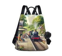 RPLIFE Train Station Village - Mochila antirrobo para mujer, diseño de bolsillo trasero con cremallera, bolsa de viaje con pompón