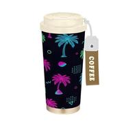 RPLIFE Tropical Palm Trees Neon, vaso de café de 16 onzas con popote y tapa de filtro, tazas de café aisladas al vacío de doble pared con revestimiento de cerámica para oficina, escuela, fiesta