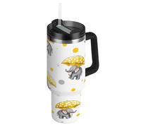 RPLIFE Vaso con asa de 40 onzas, taza de café aislada de acero inoxidable para hombres y mujeres, lindos elefantes, paraguas amarillos
