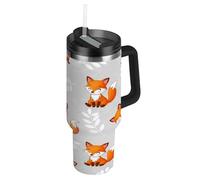 RPLIFE Vaso con asa de 40 onzas, taza de café aislada de acero inoxidable para hombres y mujeres, viajes, lindos zorros de dibujos animados, ramas grises