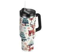RPLIFE Vaso con asa y popote de 40 onzas, tazas de café aisladas de acero inoxidable con tapas para hombres y mujeres, para viajes, ciervos lindos y juguetones