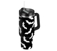 RPLIFE Vaso de café aislado de acero inoxidable con asa de murciélago blanco y negro de 40 onzas, para hombres y mujeres