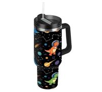 RPLIFE Vaso de café aislado de acero inoxidable con asa y pajita, diseño de dinosaurios y planetas espaciales, de 40 onzas, para hombres y mujeres