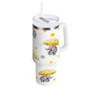 RPLIFE Vaso de café con diseño de elefantes amarillos con asa, vaso de café de acero inoxidable, taza aislada con popote, vasos para mujer