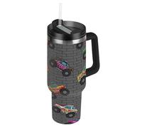 RPLIFE Vaso de café con tapa y popote de 30 onzas, con diseño de Monster Trucks de dibujos animados, de acero inoxidable, para hombres y mujeres