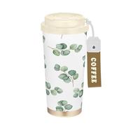 RPLIFE Vaso de café de 16 onzas con popote y tapa de filtro, revestimiento de cerámica aislado al vacío de acero inoxidable, vaso de café a prueba de fugas, ramas de acuarela, hojas verdes, blanco