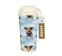 RPLIFE Vaso de café de 16 onzas con revestimiento de cerámica, taza de café de acero inoxidable con tapa de relleno y popote, taza aislada al vacío, perro azul cielo