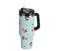 RPLIFE Vaso de café de acero inoxidable con asa y popote, 40 onzas, color azul con diseño de rosas rosas, para hombres y mujeres