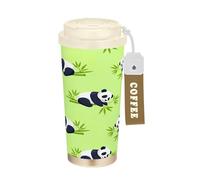RPLIFE Vaso de café de viaje de 16 onzas con popote y tapa de filtro, revestimiento de cerámica aislado al vacío, vaso de doble pared, lindo panda de dibujos animados, ramas verdes