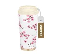 RPLIFE Vaso de café de viaje de 16 onzas con revestimiento de cerámica, vaso de café de acero inoxidable con popote y tapa de filtro, taza aislada al vacío, ramas de flor de cerezo, blanco