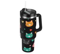 RPLIFE Vaso de caras de gatos con asa, botella de agua de 40 onzas con pajilla, vasos de acero inoxidable para mujeres y hombres de viaje
