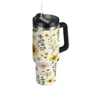 RPLIFE Vaso de flores silvestres botánicas vintage con tapa y popote, 40 onzas, vasos aislados de acero inoxidable con asas para hombres y mujeres de viaje
