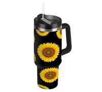 RPLIFE Vaso de girasoles amarillos brillantes con asa, vasos aislados de acero inoxidable de 40 onzas con tapas para mujeres y hombres de viaje