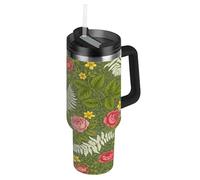 RPLIFE Vaso vintage de flores botánicas verdes con tapa y popote, 887 ml, taza de café aislada de acero inoxidable para hombres y mujeres