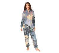 RPLIFE Village Train Painting - Pijama de invierno para adultos, con capucha suave, ropa de descanso de una pieza para hombres y mujeres, Village Train Painting Winter, X-Small