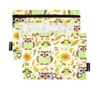 RPLIFE Whimsical Owls - Paquete de 2 bolsas con cremallera de tres agujeros para niños, escuela, estuche transparente para lápices para niños y niñas, 9.8 x 7 pulgadas