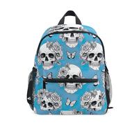 RPLIFE White Skulls - Mochila azul para niños pequeños, mochilas preescolares con etiqueta de nombre, mochilas para niños pequeños, 3-8 años, Calaveras blancas y azules, M, Lindas mochilas
