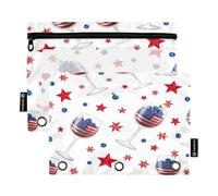 RPLIFE Wine American Flags - Paquete de 2 estuches grandes con cremallera para la escuela de niños, estuche frontal transparente para lápices para niños y niñas, 9.8 x 7 pulgadas