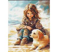 Rqwybcaxn Kit Punto De Cruz Esquemas Niños Principiantes Tela Impresa,Niña Y Perro 40X50Cm Cuadro Set Kits Bordado Punto De Cruz Kit Completo Hilo Y Tela Impreso Contado Patrones A Mano Hacer Faciles