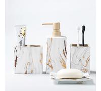 RQYIXI - Juego de 4 Accesorios de baño con Aspecto de mármol, Soporte para Cepillo de Dientes, dispensador de jabón, para encimera, de cerámica, Juego de decoración de baño, Color Dorado